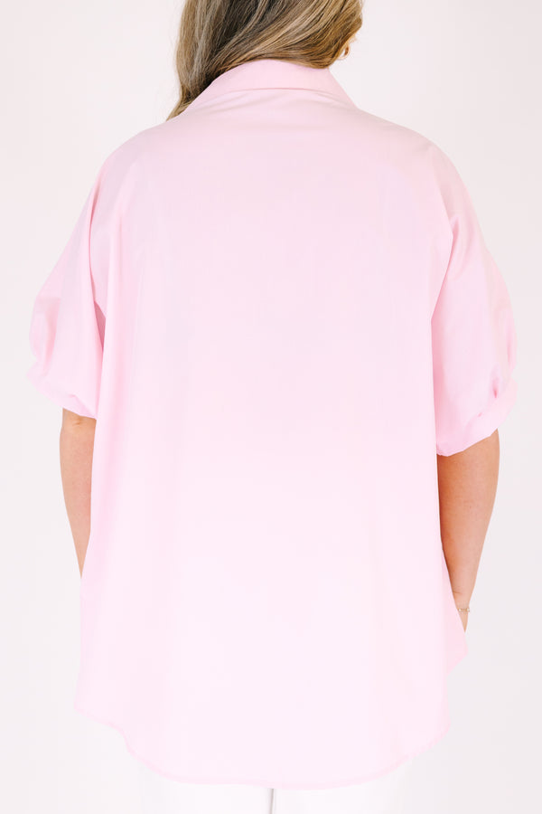 Chic Soul plus size clothing, pink short sleeves button up top with short sleeves that have cuffs at the bottom of each sleeve and a collar 