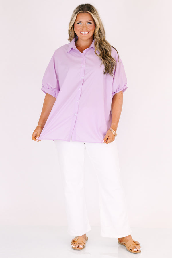 Chic Soul Plus size clothing, purple three quartered short sleeve casual button up top