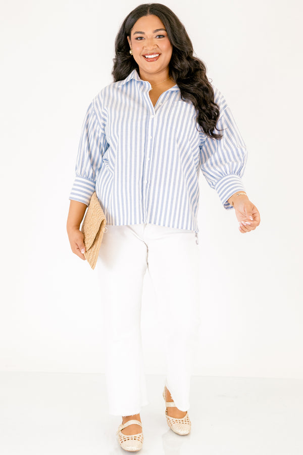 Chic Soul plus size clothing, three quarter length sleeve button up shirts with nautical blue and white stripes, front pocket and white buttons