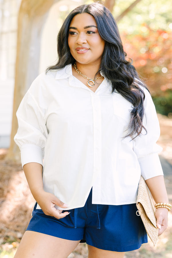 Chic Soul plus size clothing, white long sleeve button down top with collar