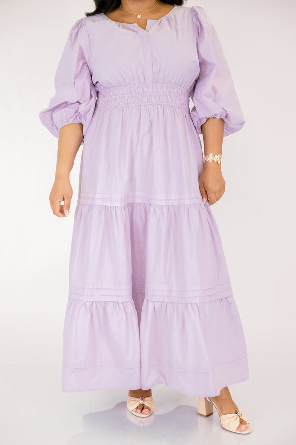 Chic Soul plus size clothing, lavender tiered maxi dress with a sinched waist and long bubble sleeves as well as slight v-neckline 
