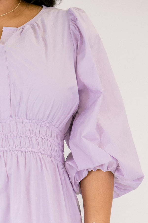 Chic Soul plus size clothing, lavender tiered maxi dress with a sinched waist and long bubble sleeves as well as slight v-neckline 