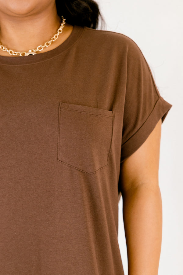 Chic Soul plus size clothing, dark brown short sleeve cotton t shirt maxi dress with front upper chest pocket and slits on the sides on the bottom hem