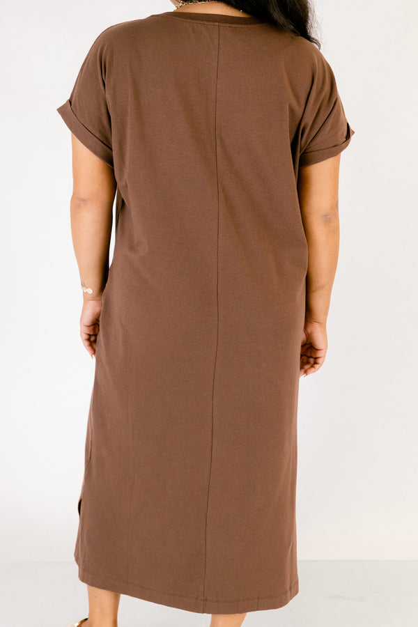 Chic Soul plus size clothing, dark brown short sleeve cotton t shirt maxi dress with front upper chest pocket and slits on the sides on the bottom hem