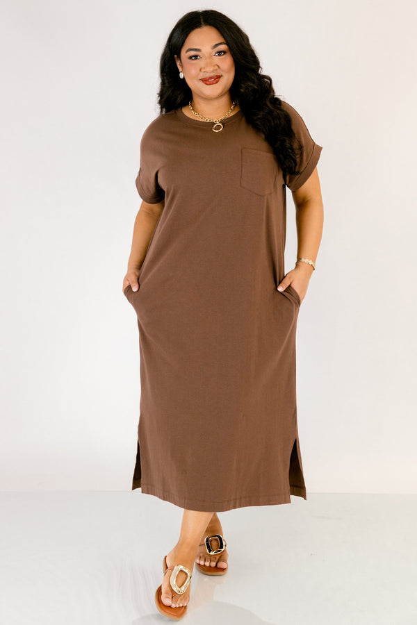 Chic Soul plus size clothing, dark brown short sleeve cotton t shirt maxi dress with front upper chest pocket and slits on the sides on the bottom hem