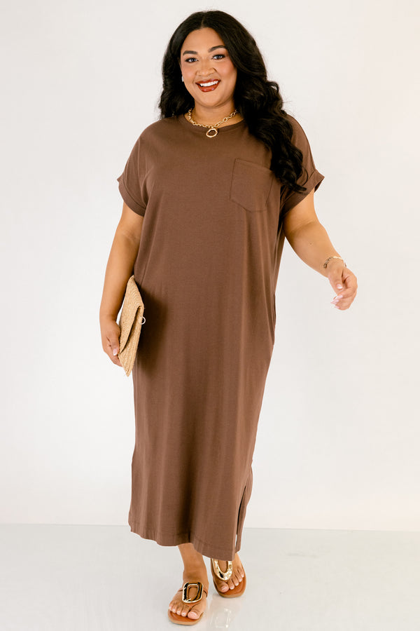 Chic Soul plus size clothing, dark brown short sleeve cotton t shirt maxi dress with front upper chest pocket and slits on the sides on the bottom hem