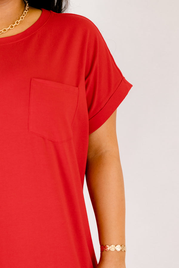 Chic Soul plus size clothing, red casual straight fit midi dress with a slit on the sides and short sleeves 
