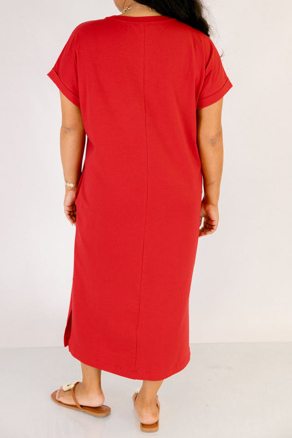 Chic Soul plus size clothing, red casual straight fit midi dress with a slit on the sides and short sleeves 
