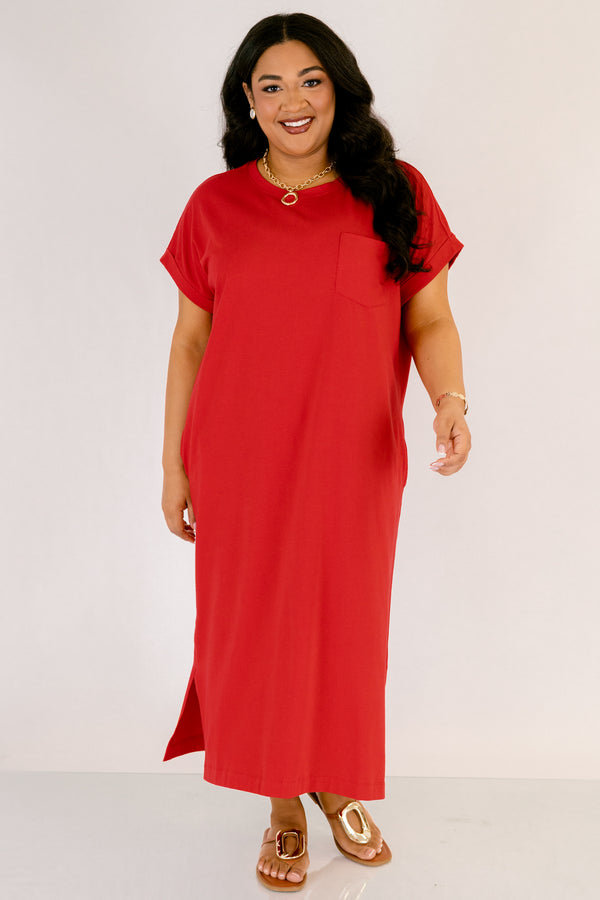 Chic Soul plus size clothing, red casual straight fit midi dress with a slit on the sides and short sleeves 
