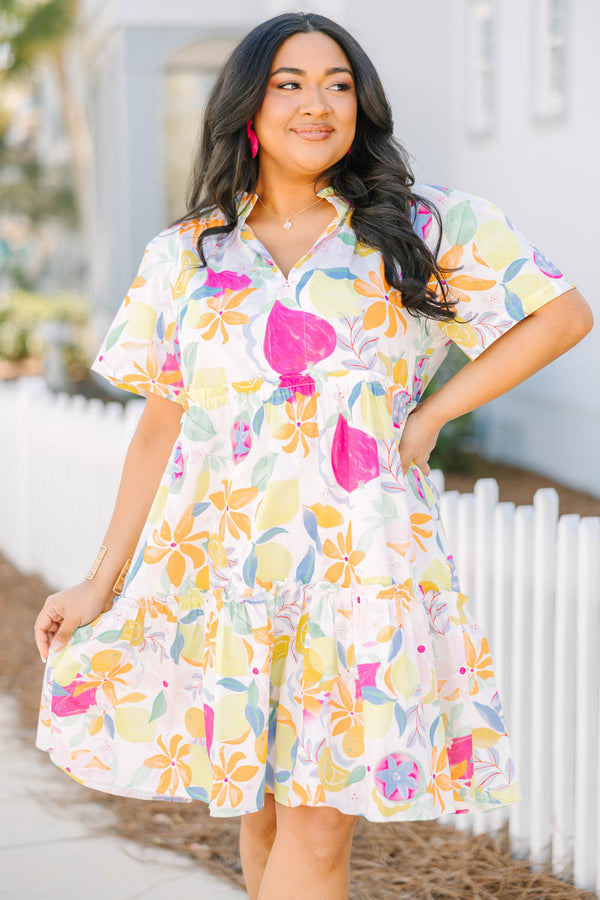 Chic Soul plus size clothing, short-sleeve fruit medley multi-colored ruffled short baby doll dress with a split-v-neckline and a multi-colored fruit pattern