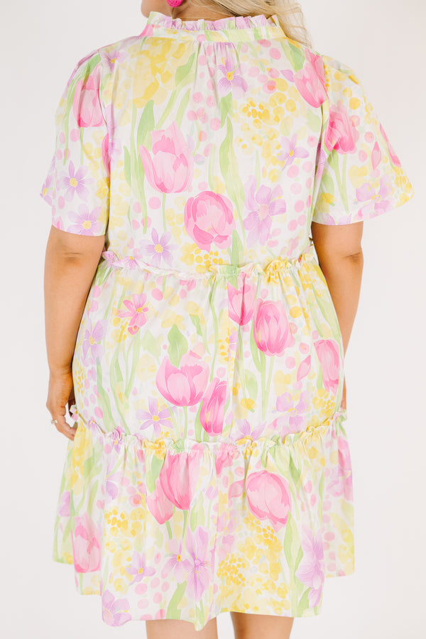 Chic Soul plus size clothing, multicolored pastel floral print short sleeve tiered baby doll dress with v neckline and ruffle collar