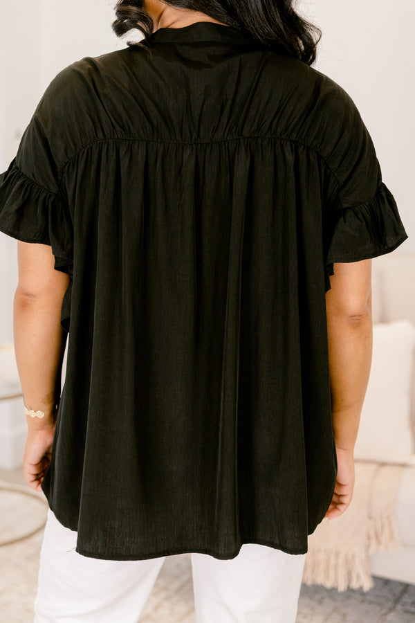 Chic Soul plus size clothing, black short sleeve button down top with cinching across top of the chest and flutter edges on sleeves