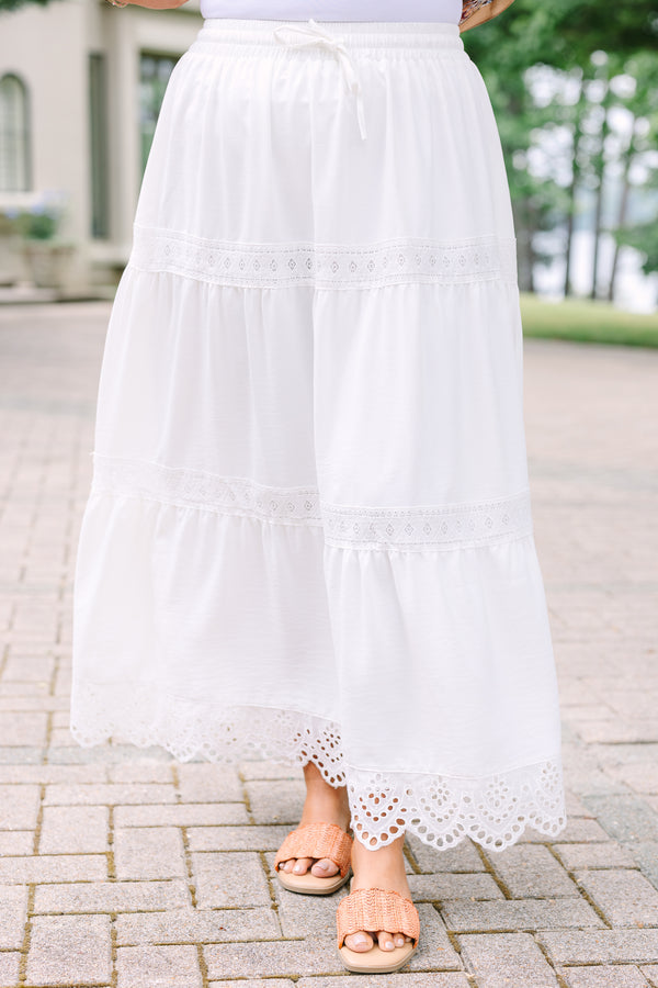 Plus Size white tiered maxi skirt with lace trim, eyelet hem, and drawstring waist.