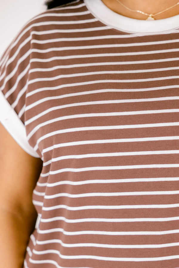 Chic Soul plus size clothing, brown short sleeve tee with white thin horizontal stripes and thicker white stripe around the neckline and sleeves