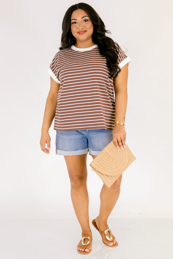 Chic Soul plus size clothing, brown short sleeve tee with white thin horizontal stripes and thicker white stripe around the neckline and sleeves
