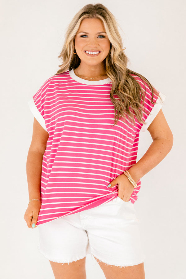 Chic Soul plus size clothing, fuchsia pink and white strip short sleeve crewneck top with white trim on the ends of the sleeves and around the neckline 