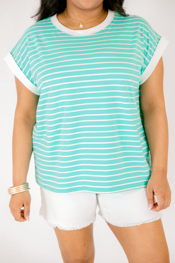 Plus Size mint and white horizontal striped tee with white contrast trim on the neck and sleeves.