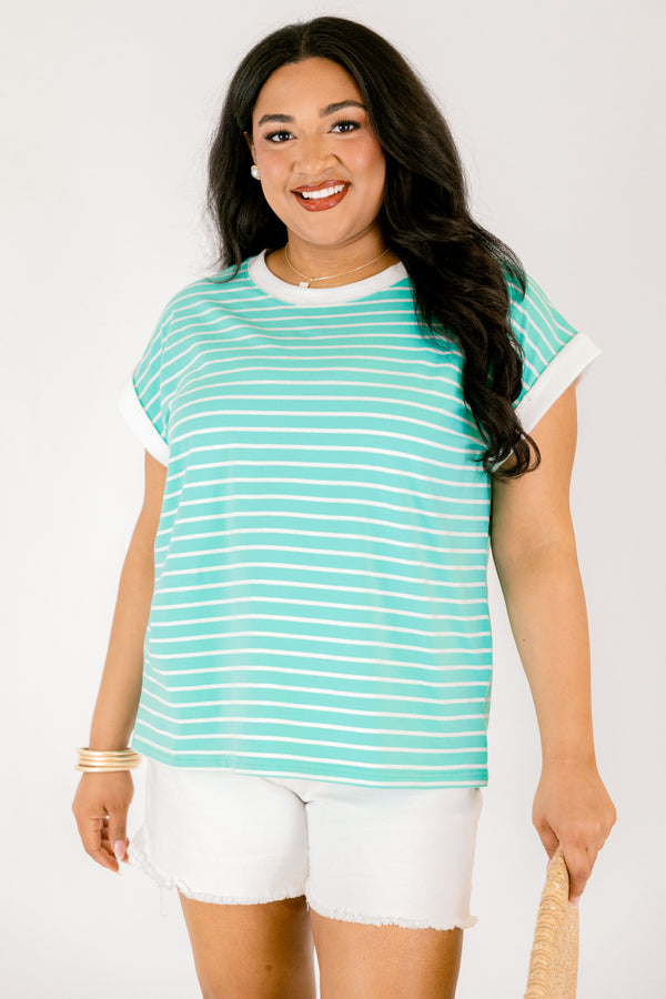 Plus Size mint and white horizontal striped tee with white contrast trim on the neck and sleeves.