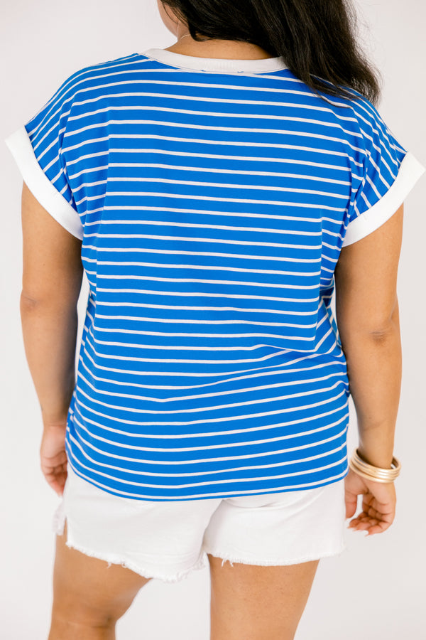 Chic Soul plus size clothing, ocean blue striped short sleeve tee with white outlining the end of the sleeves and around the neckline 