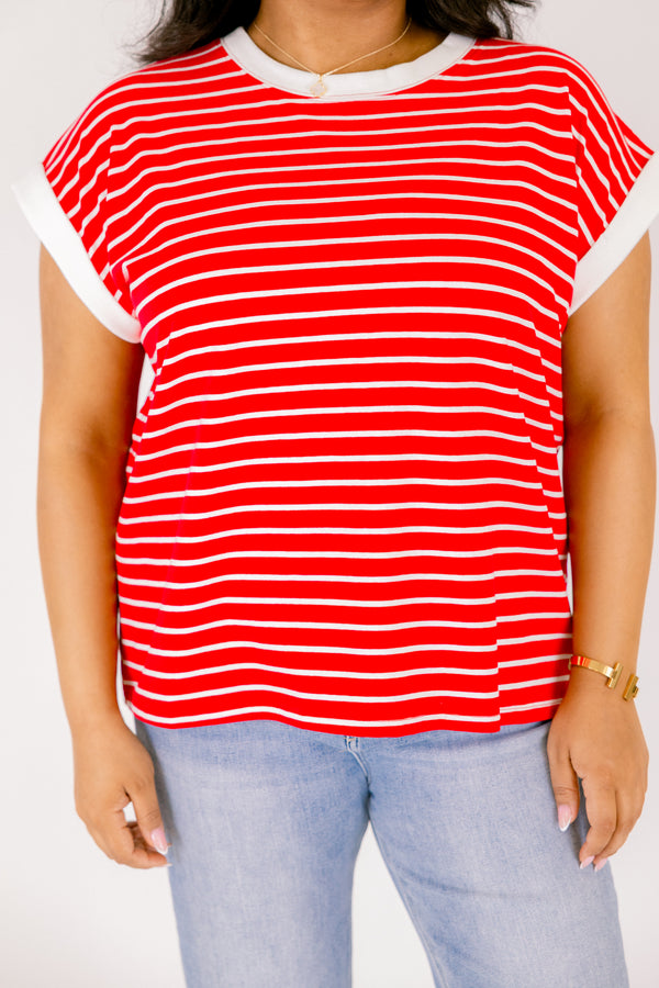 Chic Soul plus size clothing, bright red short sleeve tee with white thin horizontal stripes and thicker white stripe around the neckline and sleeves