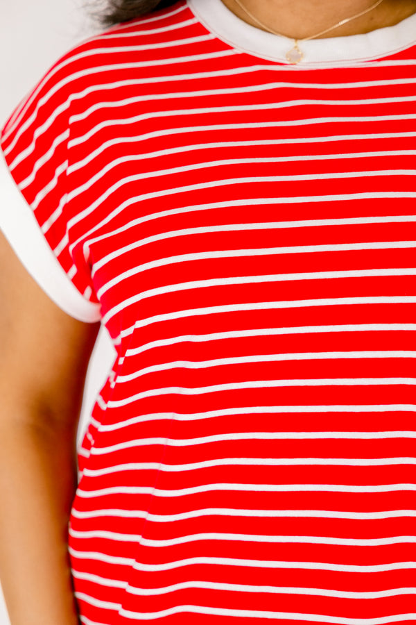 Chic Soul plus size clothing, bright red short sleeve tee with white thin horizontal stripes and thicker white stripe around the neckline and sleeves