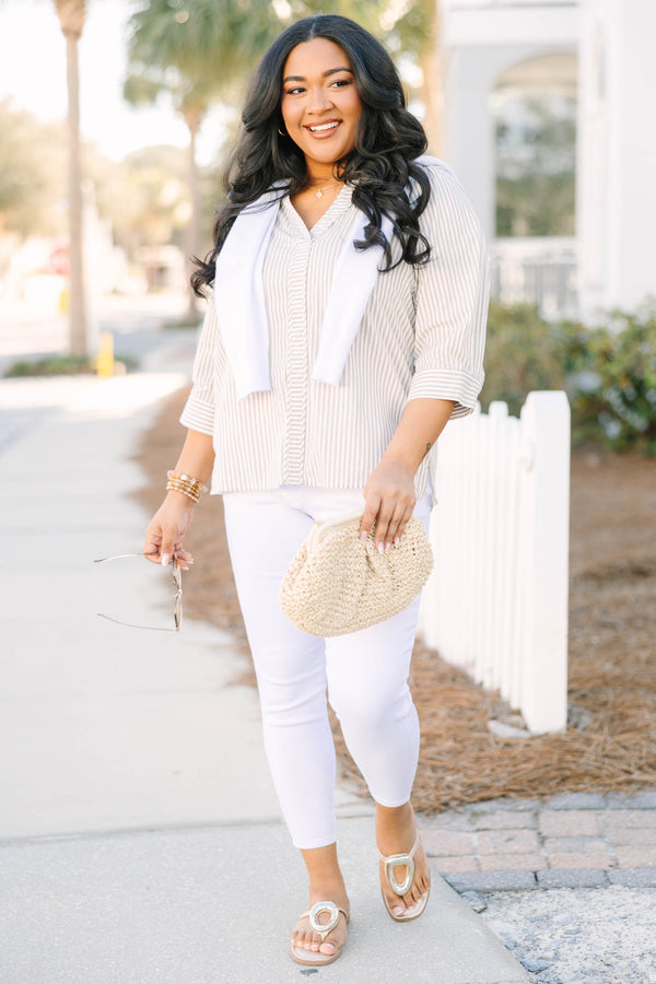 Chic Soul plus size clothing, light brown and white pin stripe v-neckline midi sleeve top