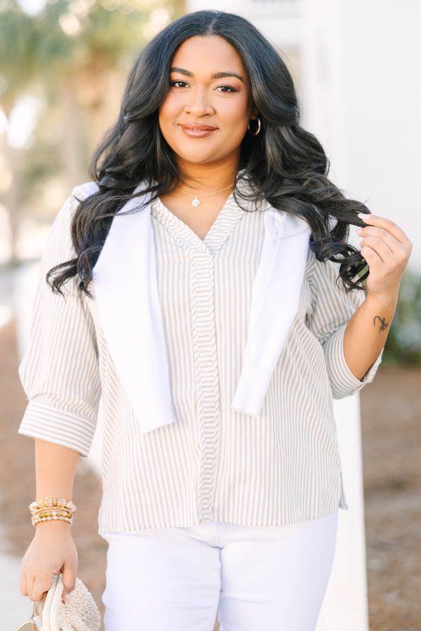 Chic Soul plus size clothing, light brown and white pin stripe v-neckline midi sleeve top