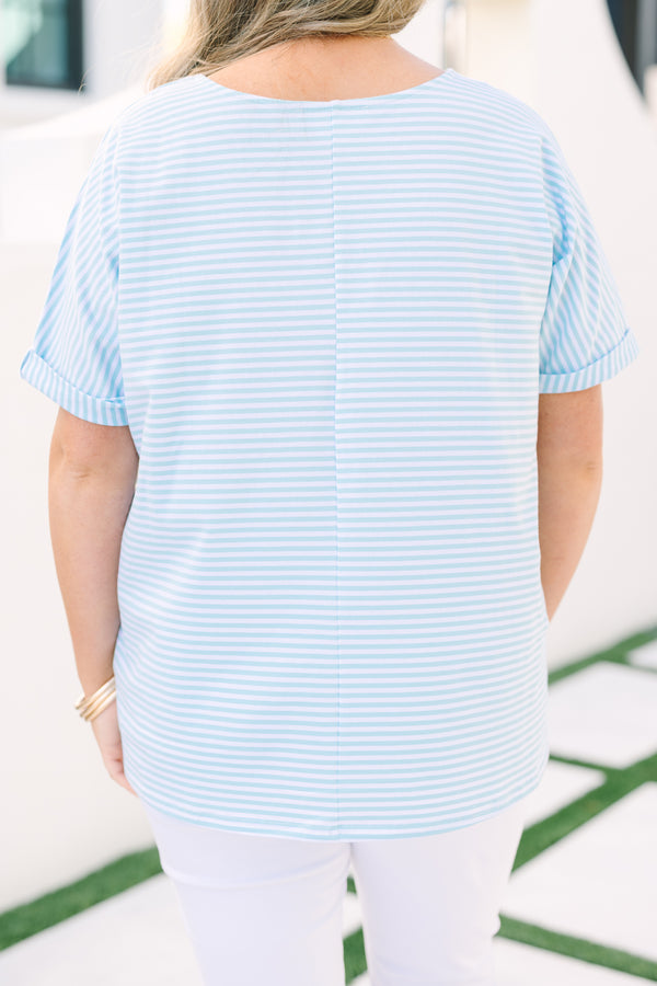 Chic Soul plus size clothing, light blue and white pin stripe short sleeve top