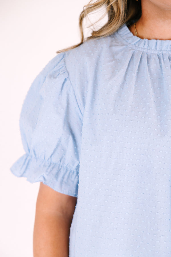 Chic Soul plus size clothing, puff sleeve high neck blue top with ruffle details around neckline and sleeves