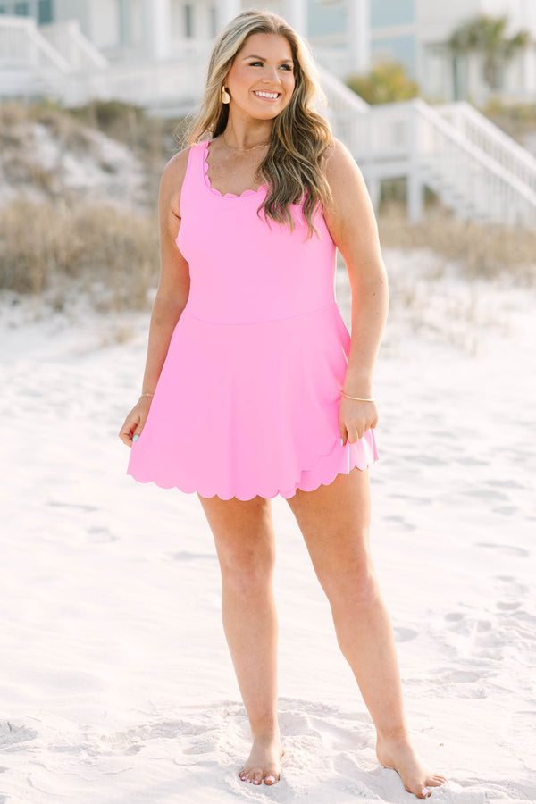 Chic Soul plus size clothing, bubblegum pink sleeveless swim dress with scalloped edges along the neckline and the trim of the bottom of the dress