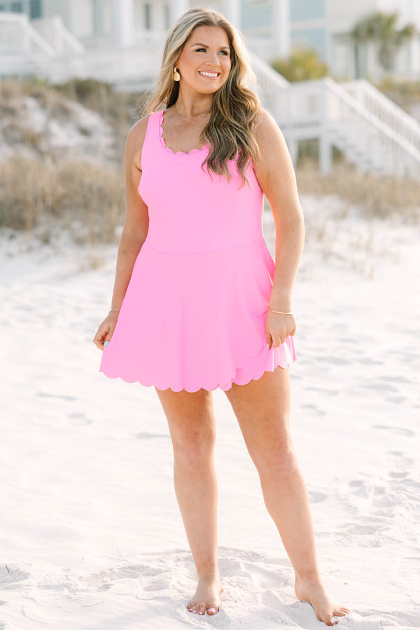 Chic Soul plus size clothing, bubblegum pink sleeveless swim dress with scalloped edges along the neckline and the trim of the bottom of the dress