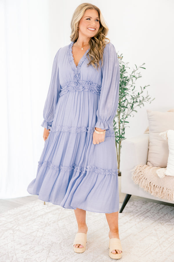 Chic Soul plus size clothing, light blue long sleeve tiered maxi v neckline maxi dress with ruffles around each tier and outlining the chest