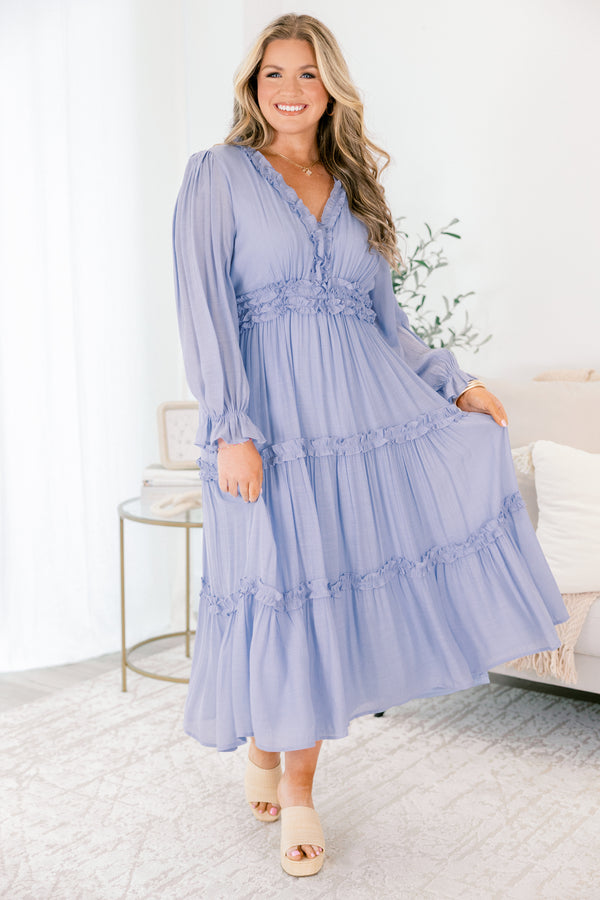 Chic Soul plus size clothing, light blue long sleeve tiered maxi v neckline maxi dress with ruffles around each tier and outlining the chest