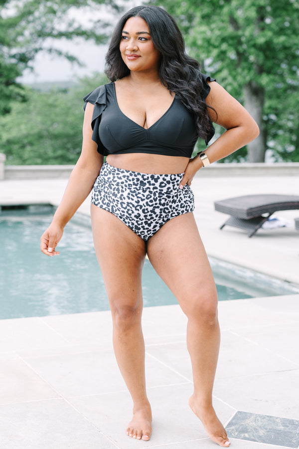 Plus Size black bikini top with a V-neckline and ruffled cap sleeves.