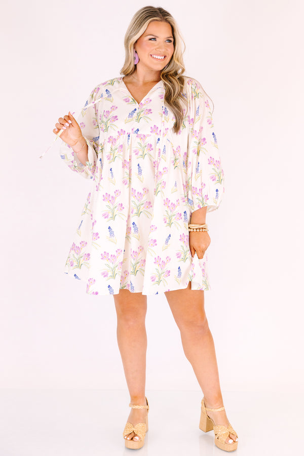 Chic soul plus size clothing, cream long puff sleeve mini baby doll dress with light purple and blue flowers on it