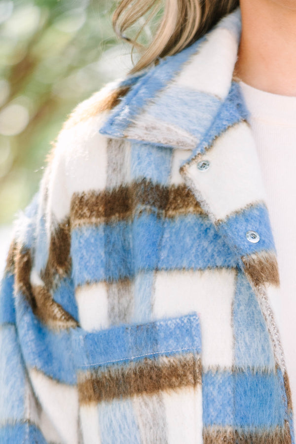 Plus Size blue and brown plaid cropped faux wool jacket with oversized front patch pockets.