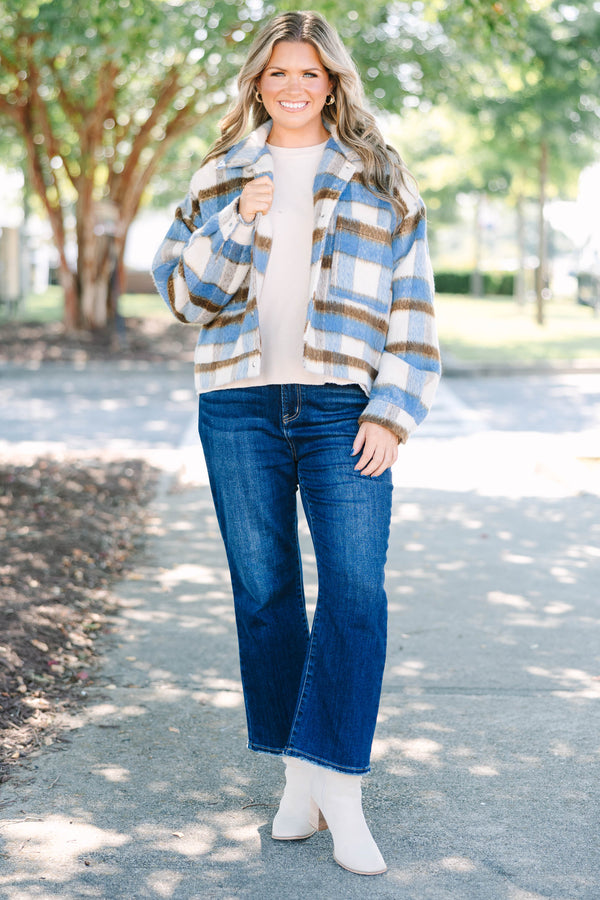 Plus Size blue and brown plaid cropped faux wool jacket with oversized front patch pockets.