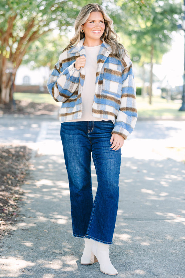 Plus Size blue and brown plaid cropped faux wool jacket with oversized front patch pockets.