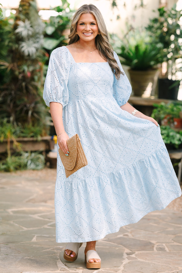 Chic Soul plus size clothing, baby blue maxi dress with a square neckline and short bubble sleeves as well as an eyelet pattern throughout 