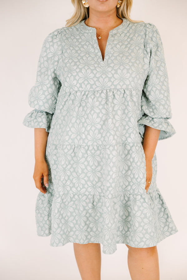 Chic Soul plus size clothing, light sage green short puff sleeve tiered baby doll dress with light floral print and v neck cutout