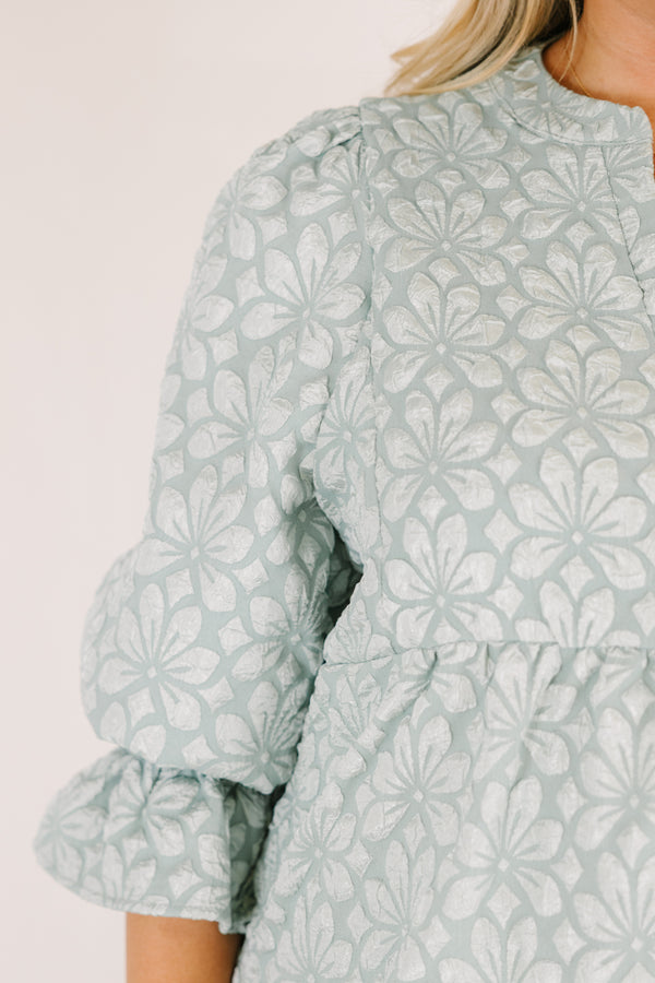 Chic Soul plus size clothing, light sage green short puff sleeve tiered baby doll dress with light floral print and v neck cutout