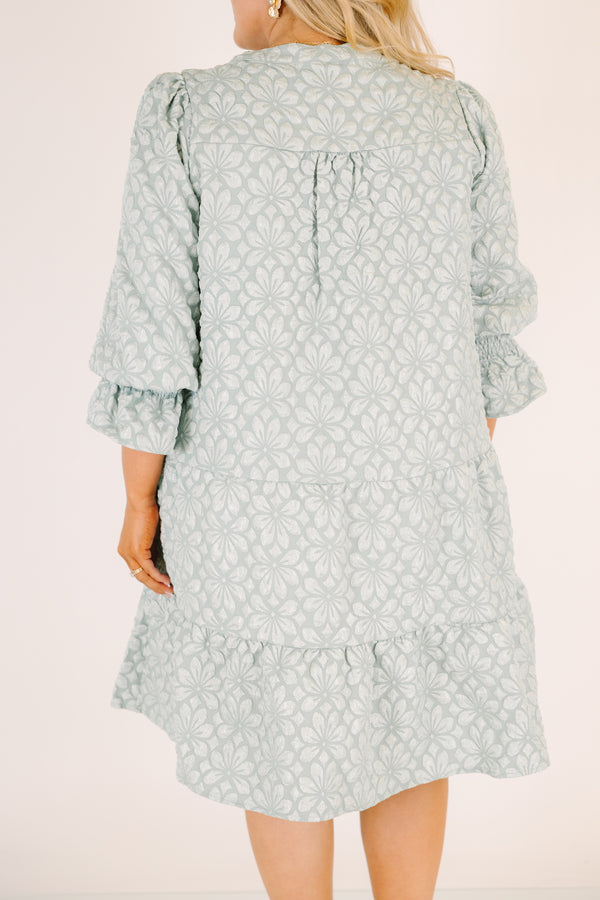 Chic Soul plus size clothing, light sage green short puff sleeve tiered baby doll dress with light floral print and v neck cutout