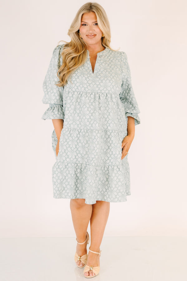 Chic Soul plus size clothing, light sage green short puff sleeve tiered baby doll dress with light floral print and v neck cutout