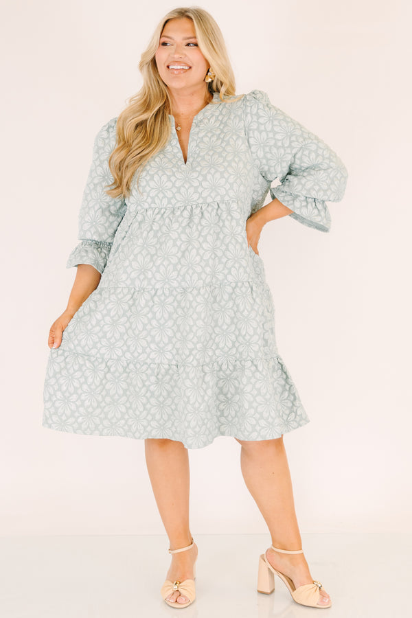 Chic Soul plus size clothing, light sage green short puff sleeve tiered baby doll dress with light floral print and v neck cutout
