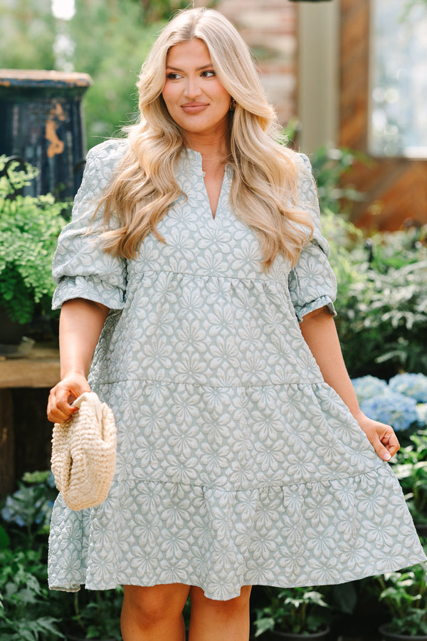 Chic Soul plus size clothing, light sage green short puff sleeve tiered baby doll dress with light floral print and v neck cutout