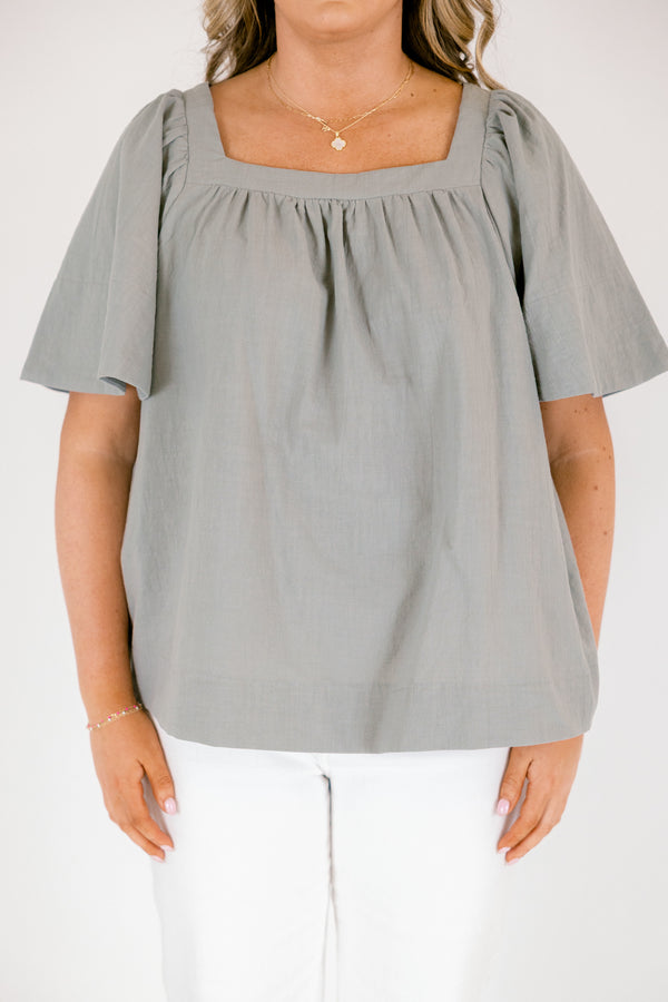 Chic Soul plus size clothing, sage baby doll top with a square neckline and short bell sleeves 