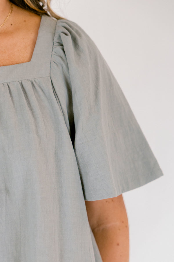 Chic Soul plus size clothing, sage baby doll top with a square neckline and short bell sleeves 