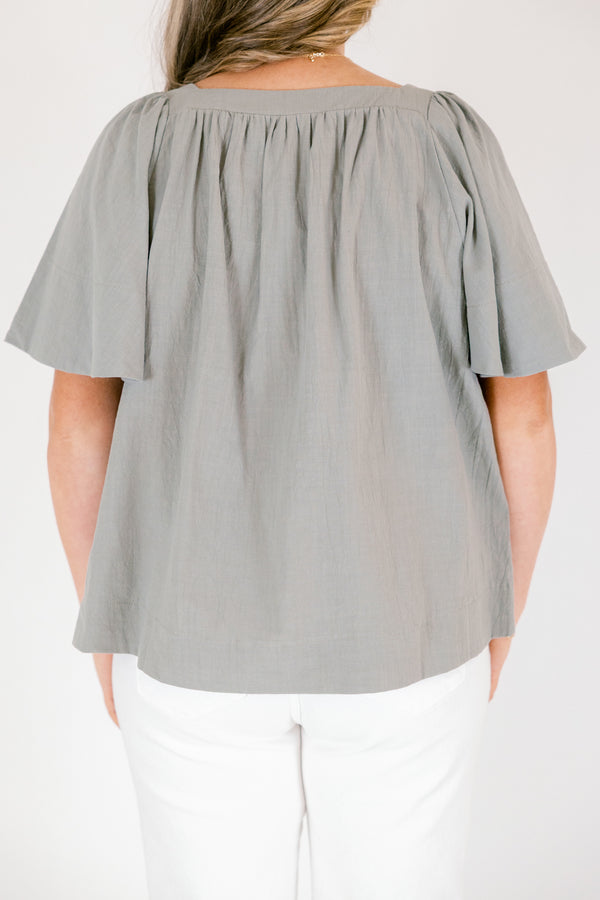 Chic Soul plus size clothing, sage baby doll top with a square neckline and short bell sleeves 