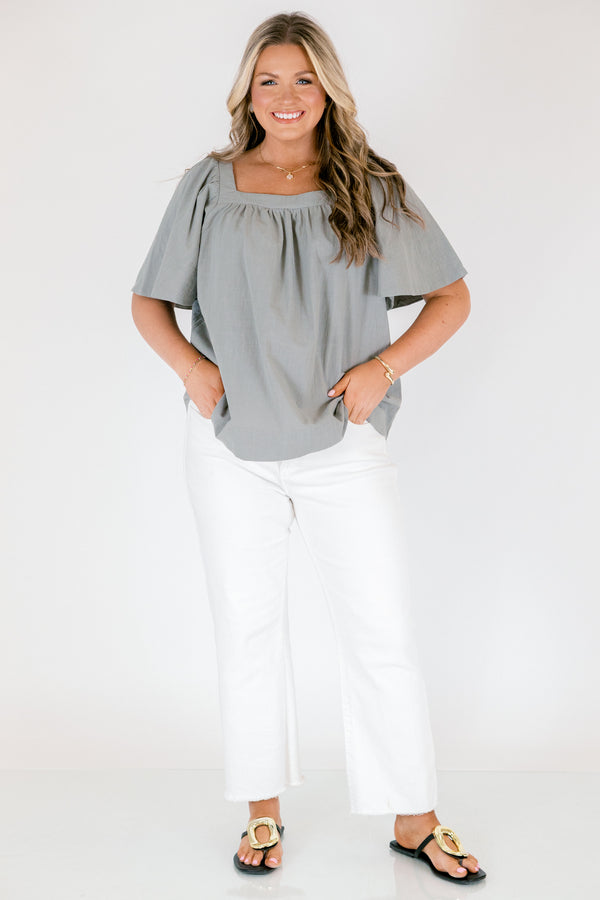 Chic Soul plus size clothing, sage baby doll top with a square neckline and short bell sleeves 