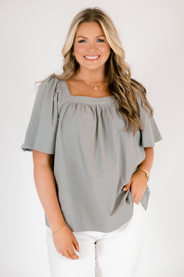 Chic Soul plus size clothing, sage baby doll top with a square neckline and short bell sleeves 